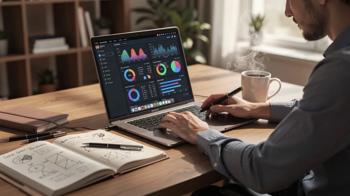 Person reviewing sales charts on a laptop with a notebook
