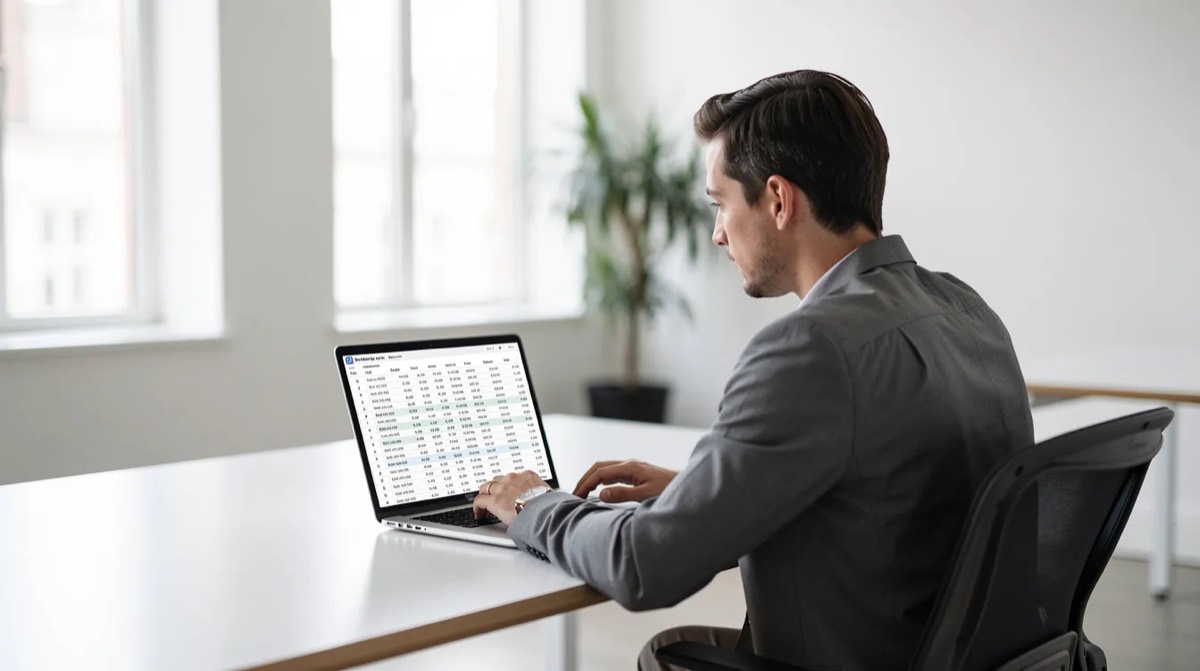 Analyst reviewing a spreadsheet on a laptop