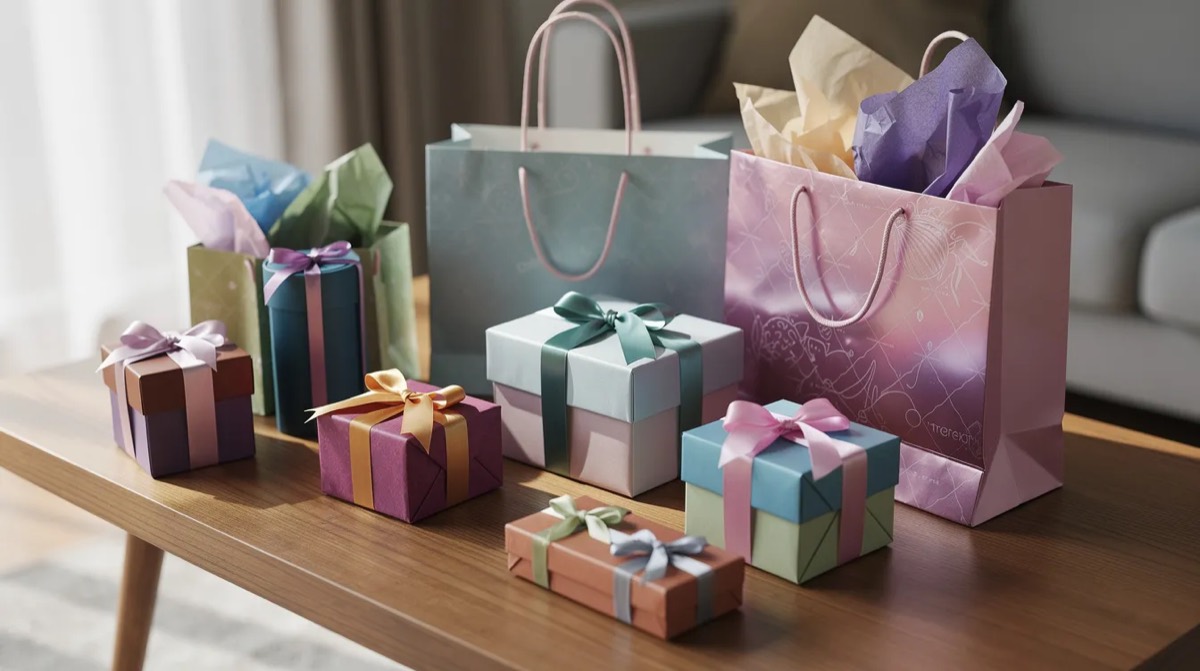 Wrapped gift boxes and shopping bags on a table