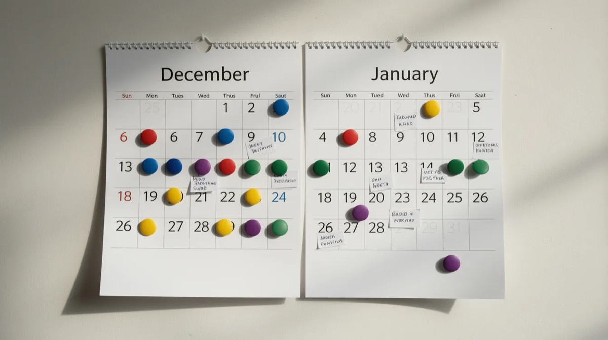 Wall calendar showing December and January