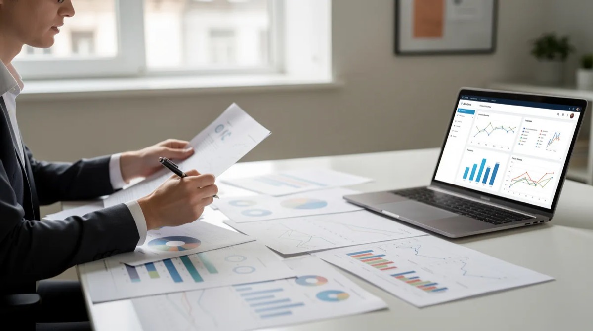 Person reviewing printed spreadsheets and charts at a desk