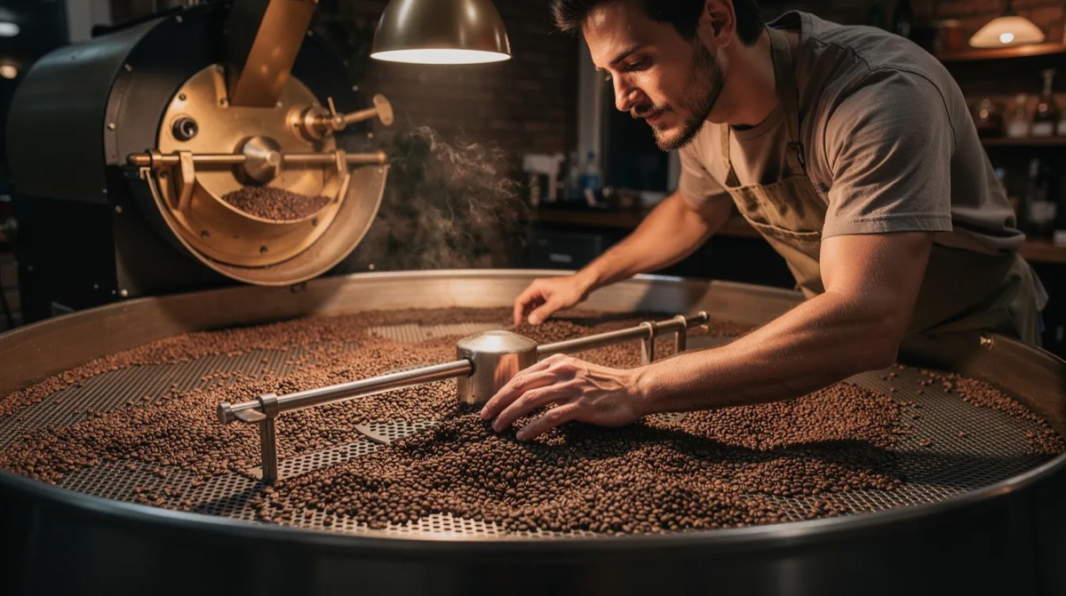 Roaster checking freshly roasted beans on a cooling tray