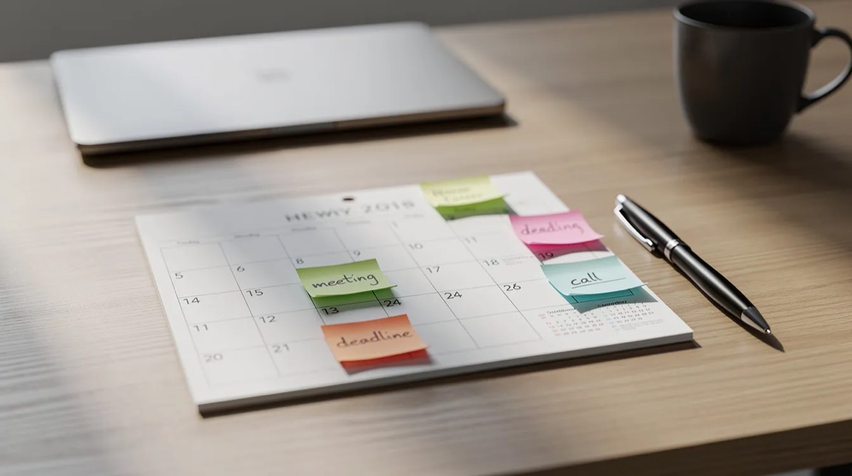 Calendar with sticky notes on a desk