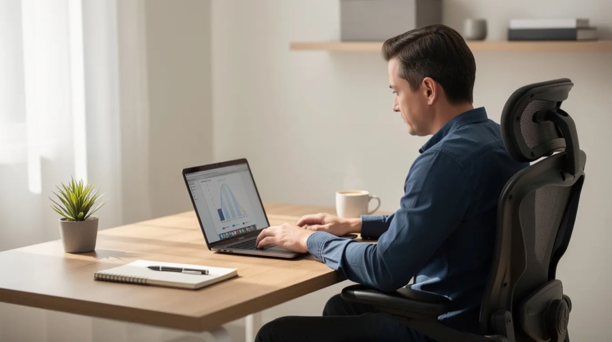 Person working at a tidy desk with a laptop