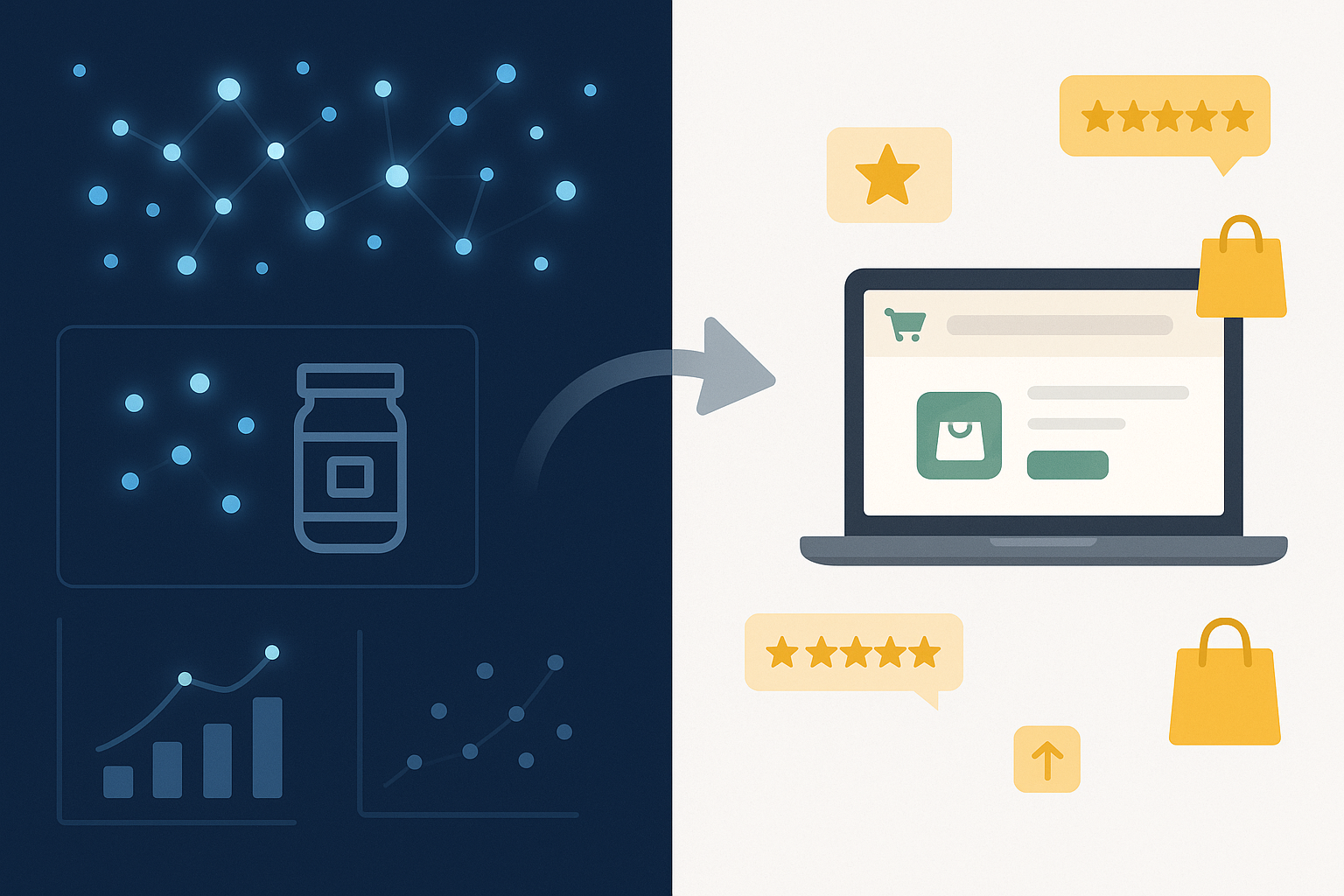 A conceptual image showing a transformation from abstract data on the left to a thriving online store on the right.