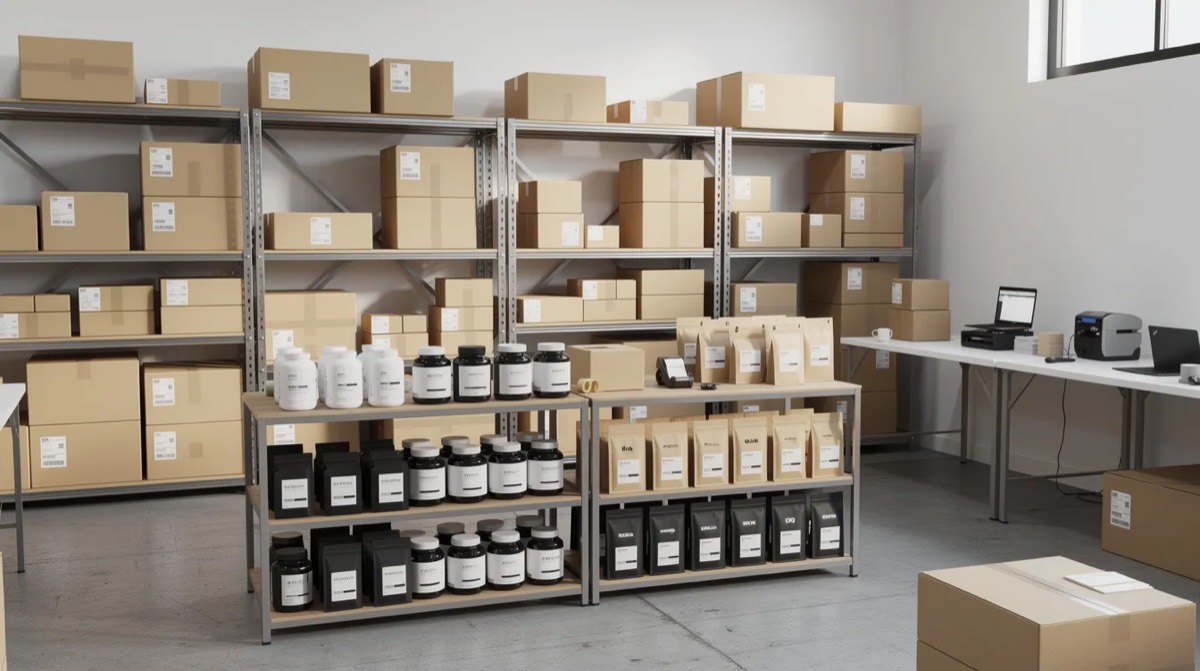 Small warehouse with boxed supplements and coffee