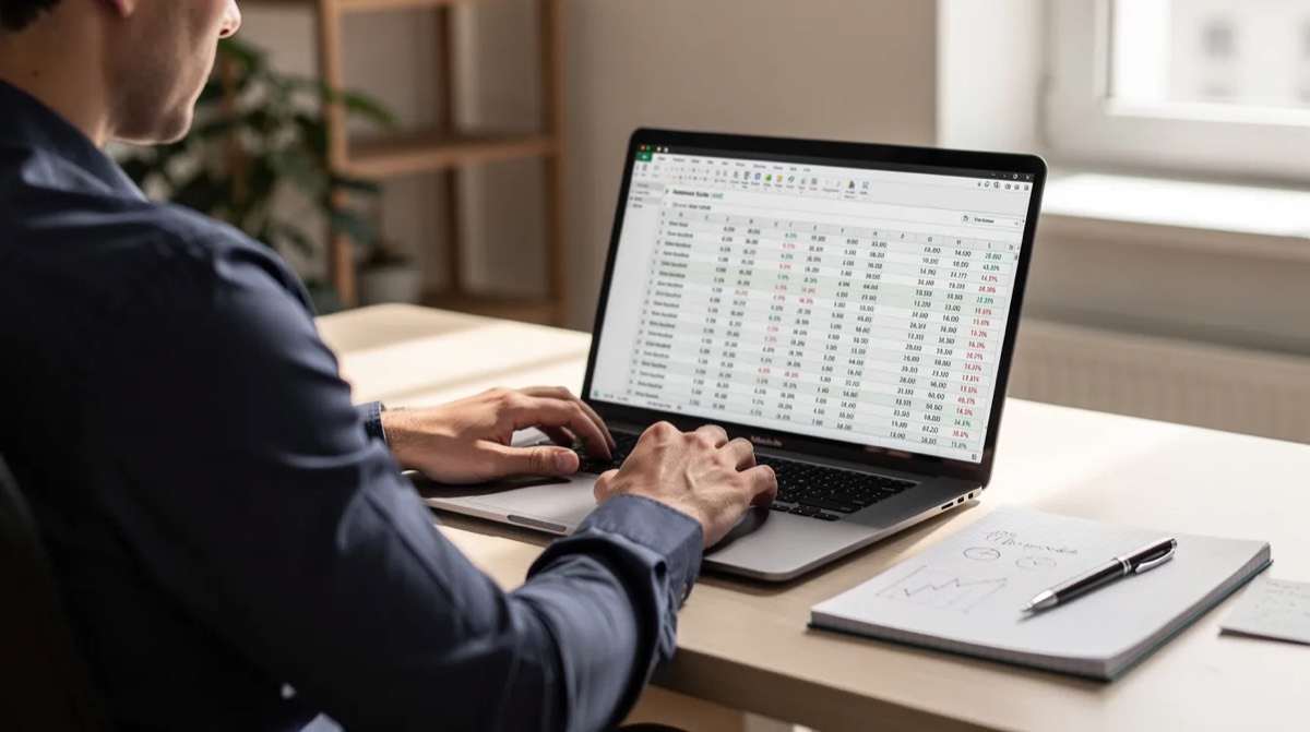 Person reviewing a spreadsheet next to a notepad