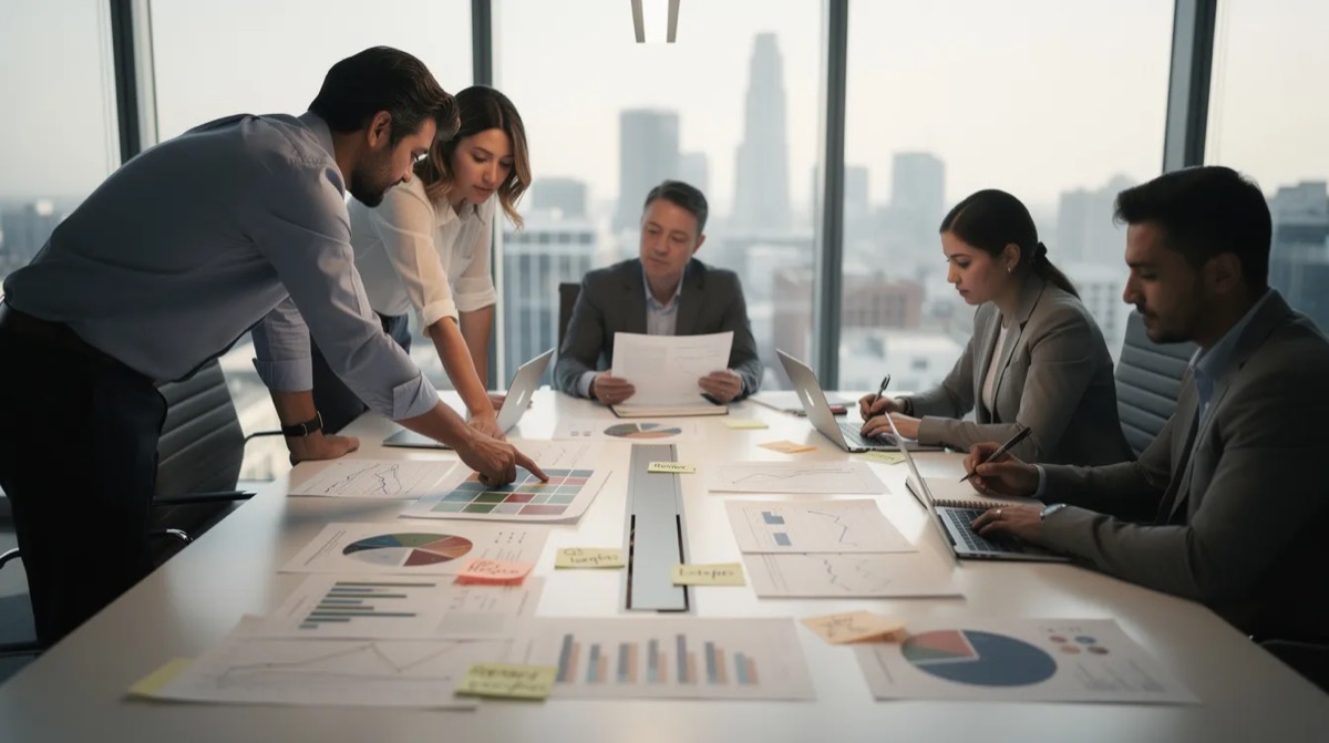Team reviewing printed charts at a table