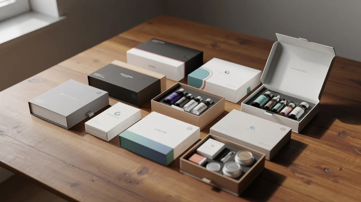 Starter kits and sample boxes laid out on a wooden table