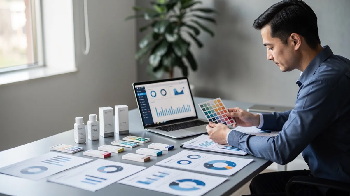 Person comparing printed charts and product samples at a desk