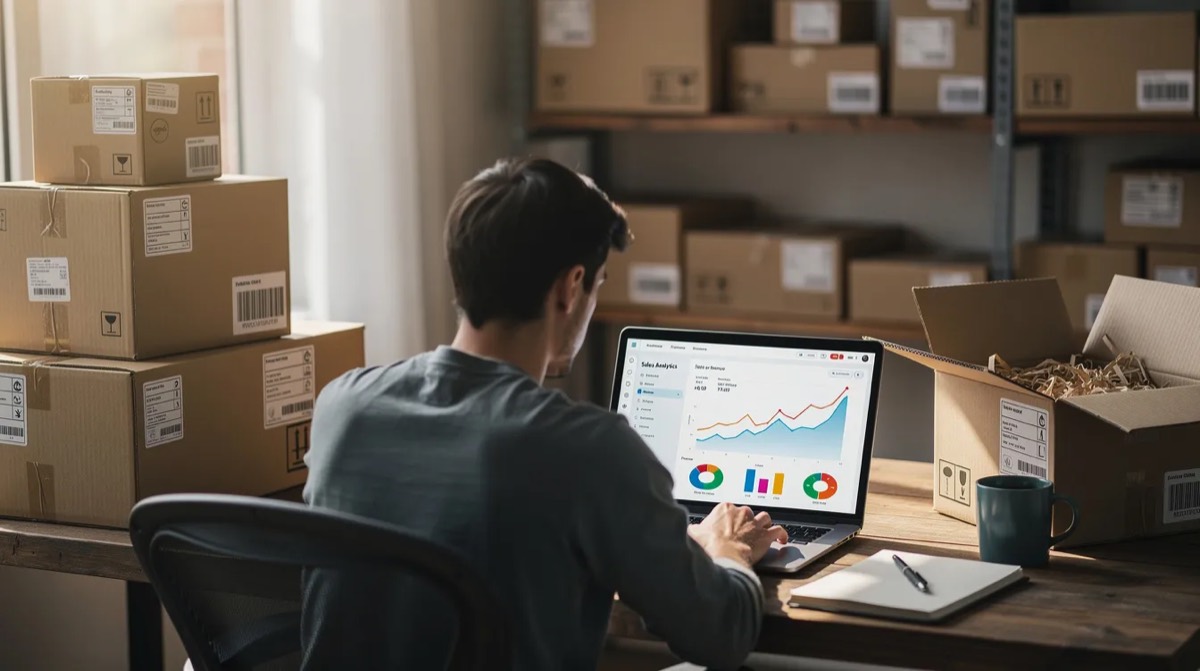 Desk with shipping boxes and a laptop showing order analytics