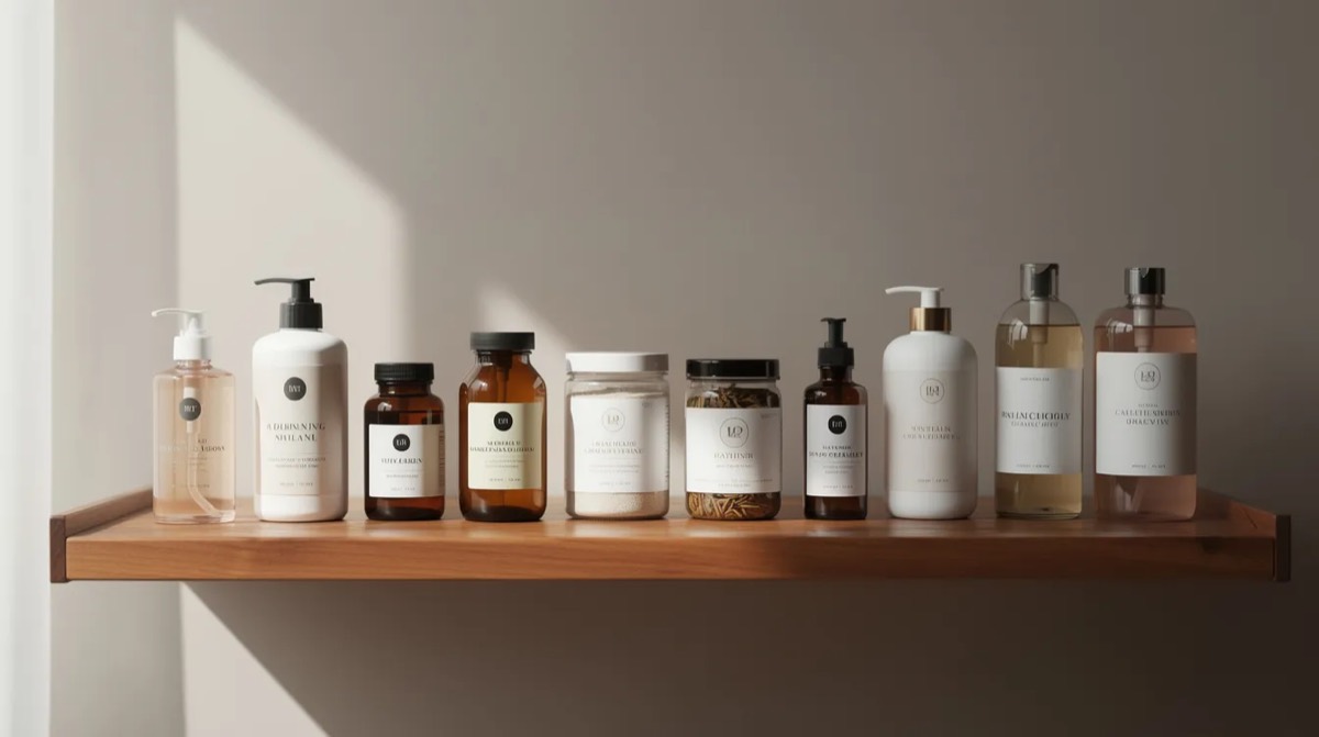Shelf of consumable product bottles and jars