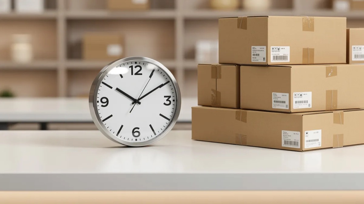 Wall clock next to a stack of shipping boxes