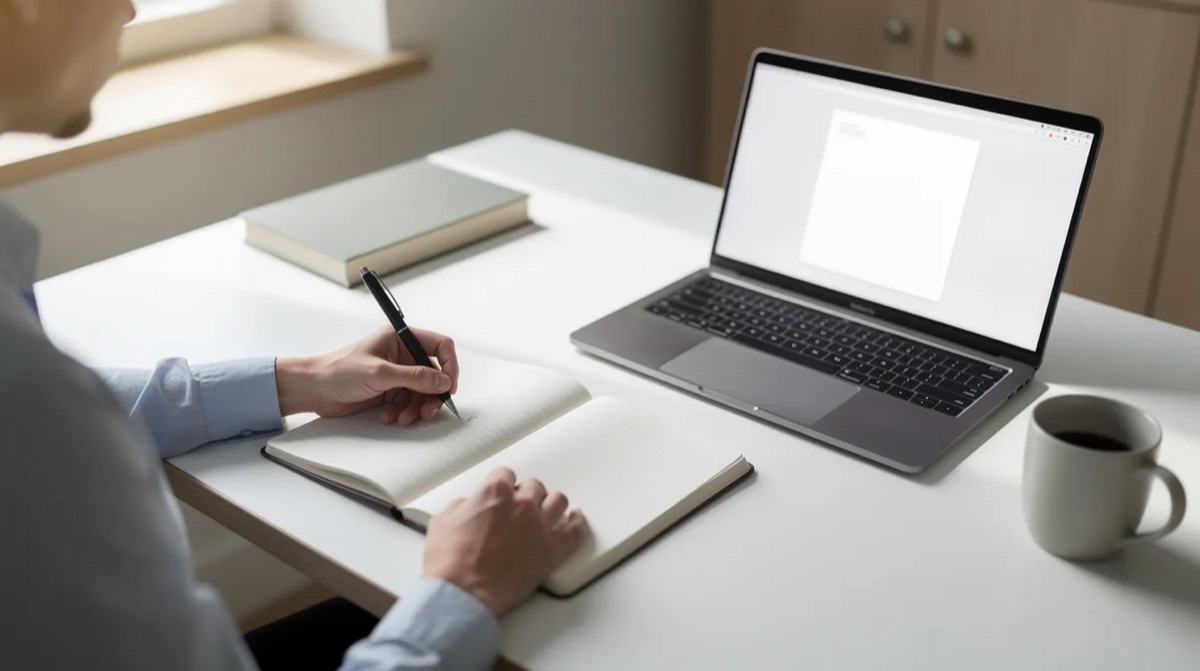 Person writing notes in a notebook next to a laptop