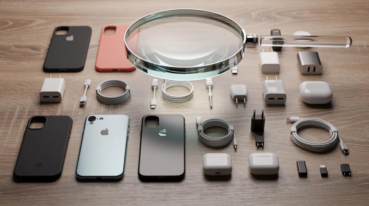 Magnifying glass over phone cases, cables and chargers, representing the search for genuine product associations