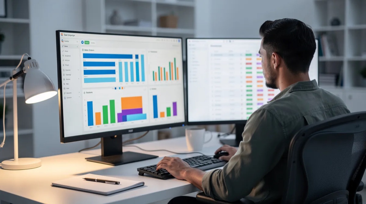 Person at a desk working with two monitors that show sales dashboards and order lists