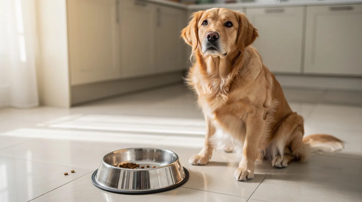 Dog sitting next to a nearly empty food bowl