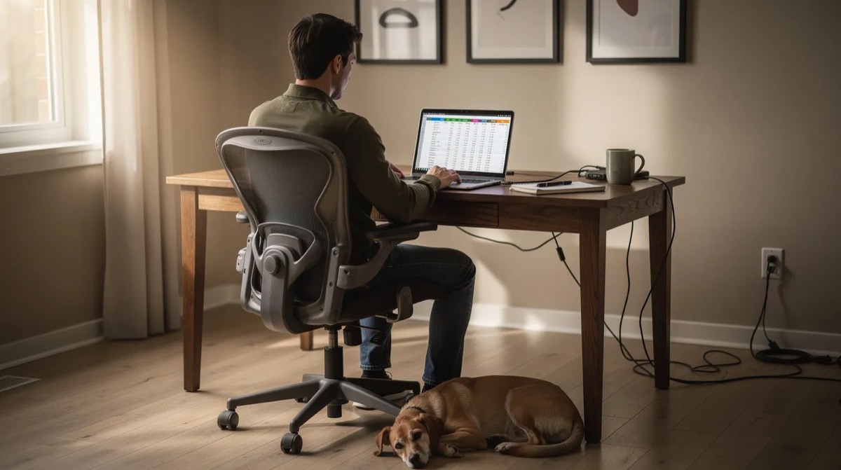 Person working on a spreadsheet at a desk with a dog lying underneath