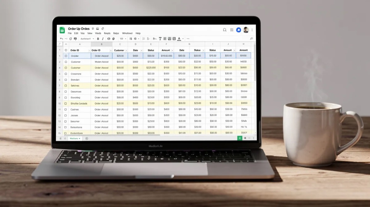 Spreadsheet of order data on a laptop