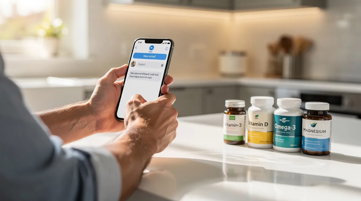 Person reading an email on a phone next to supplement bottles