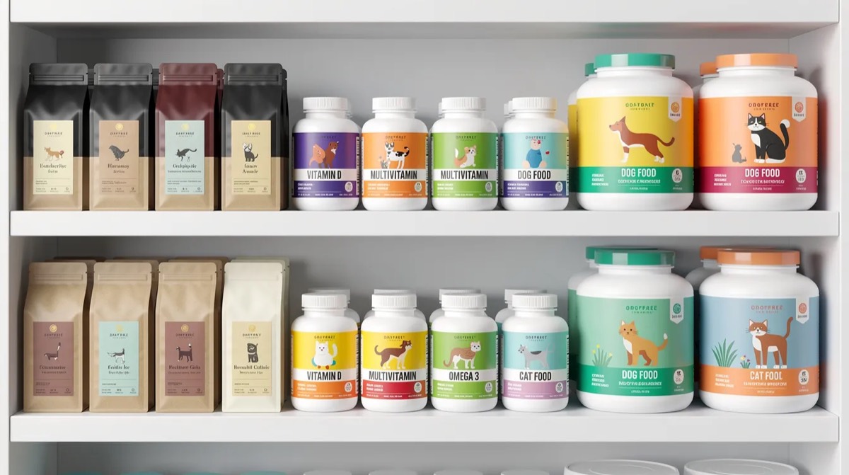 Shelf of coffee, vitamins and pet food