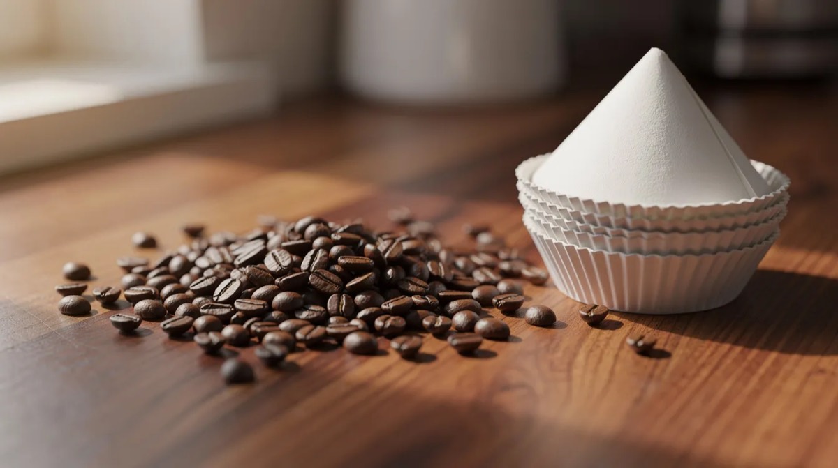 Coffee beans and a stack of paper coffee filters on a wooden counter, a classic product affinity pair