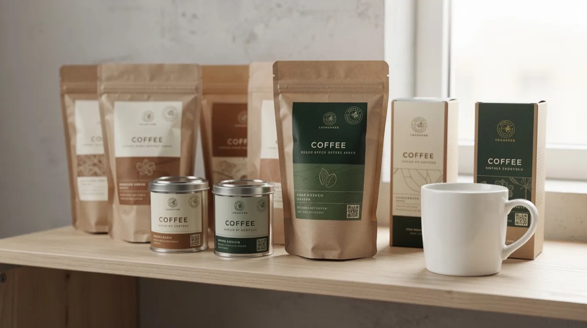 Several bags and tins of coffee on a kitchen shelf next to a white mug
