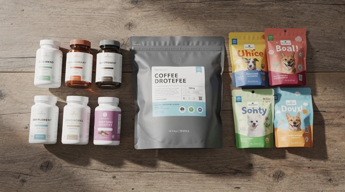 Coffee bags, supplement bottles and pet food on a table