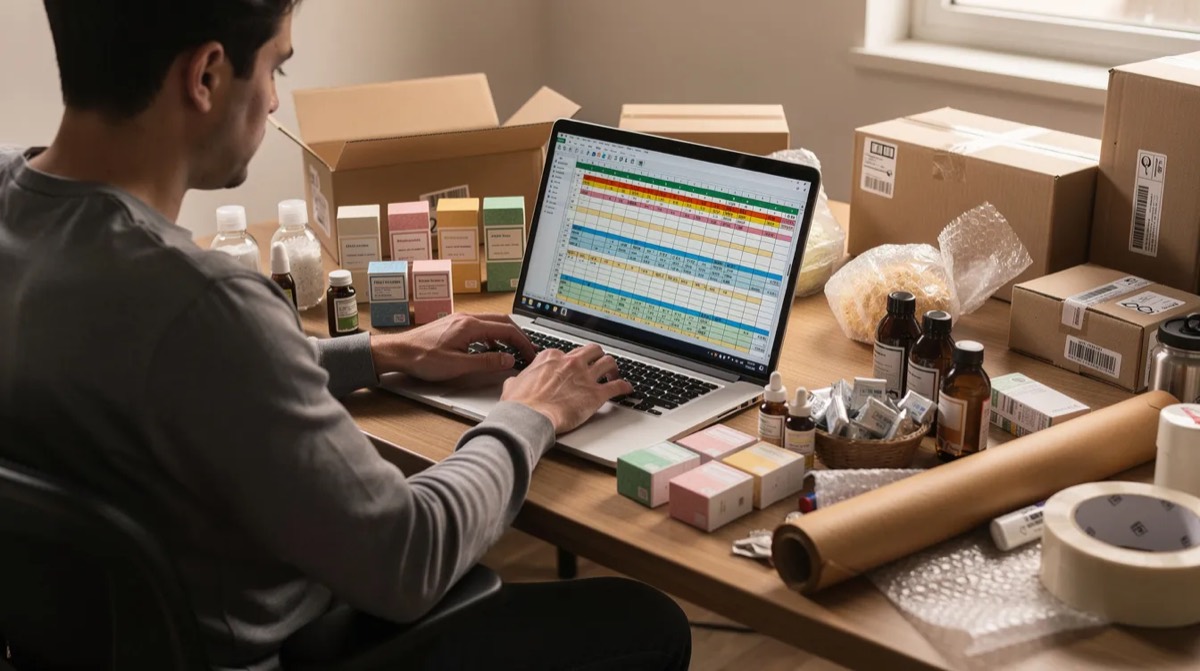 Person analysing a spreadsheet among product samples