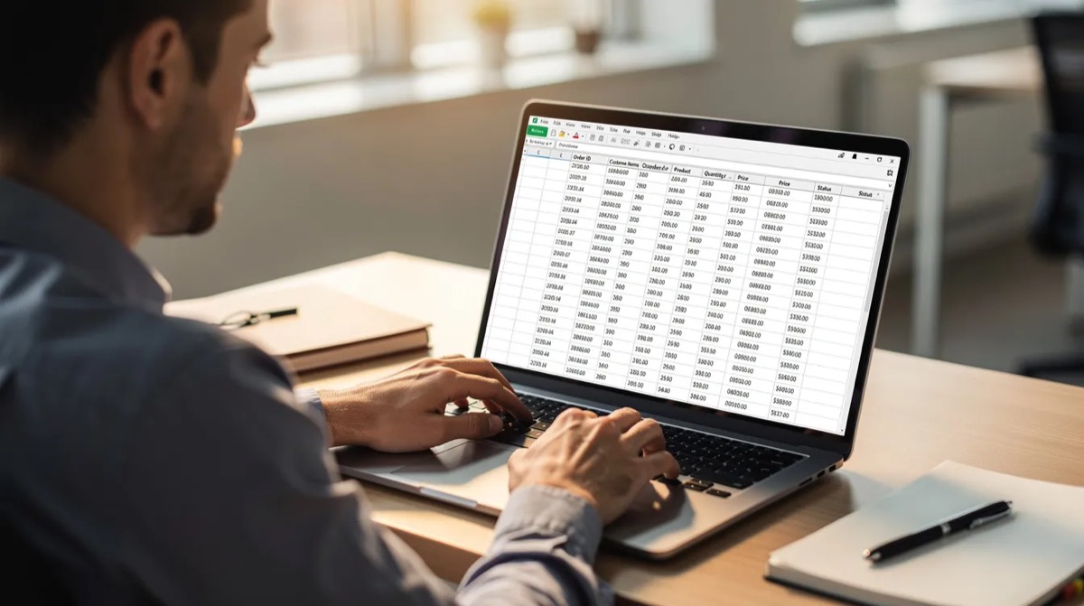 Person reviewing order data on a laptop