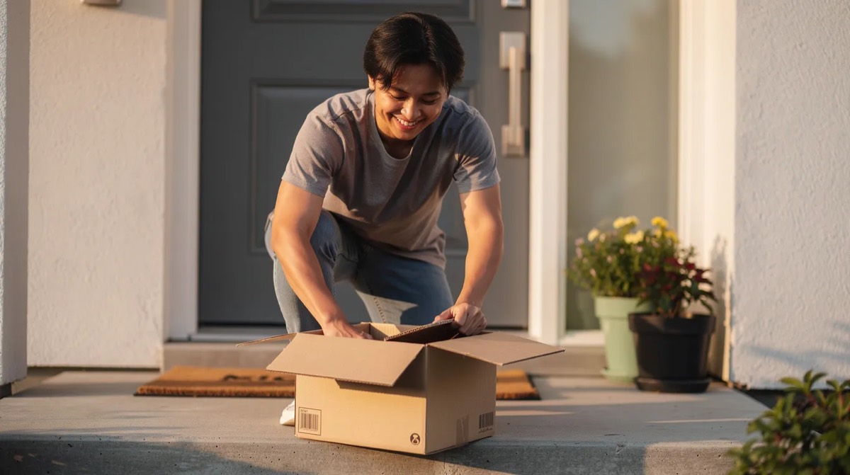 Person opening a delivery at the door