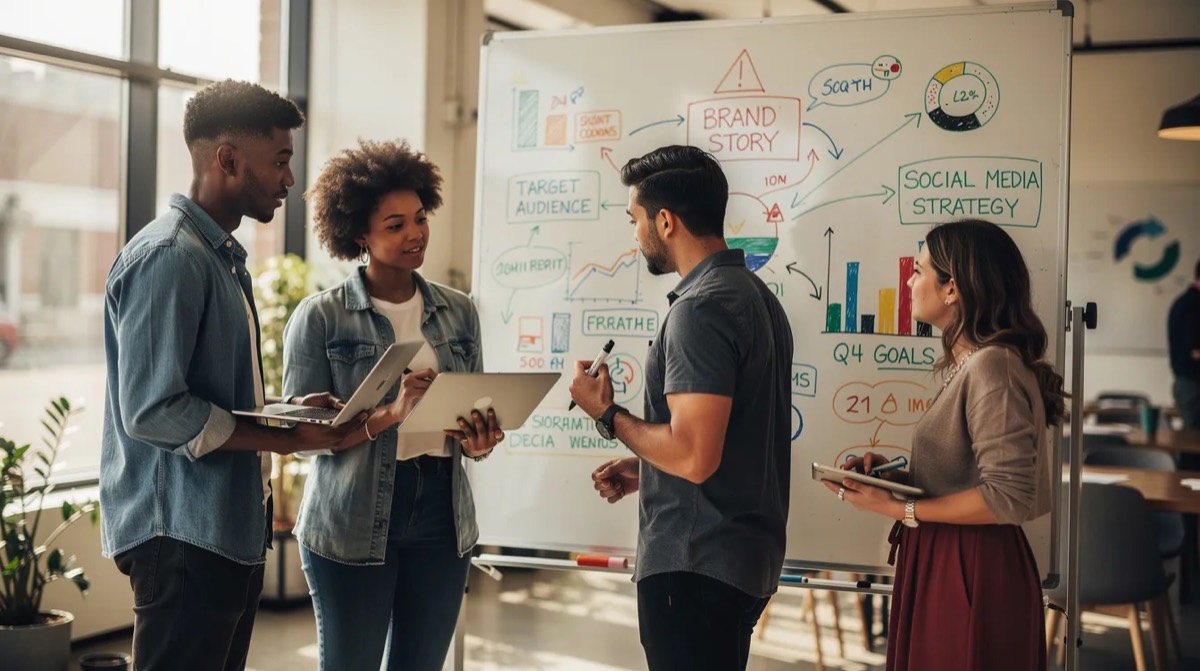 Small team at a whiteboard