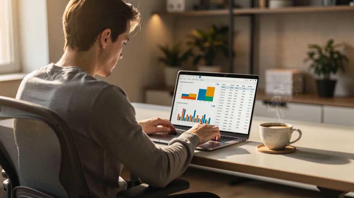 Person reviewing order data on a laptop