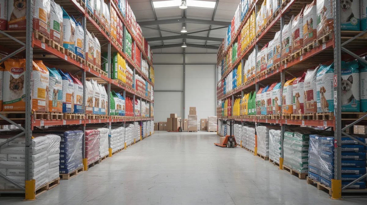Bags of pet food on warehouse shelves