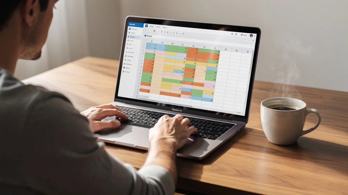Person working on a spreadsheet on a laptop next to a cup of coffee