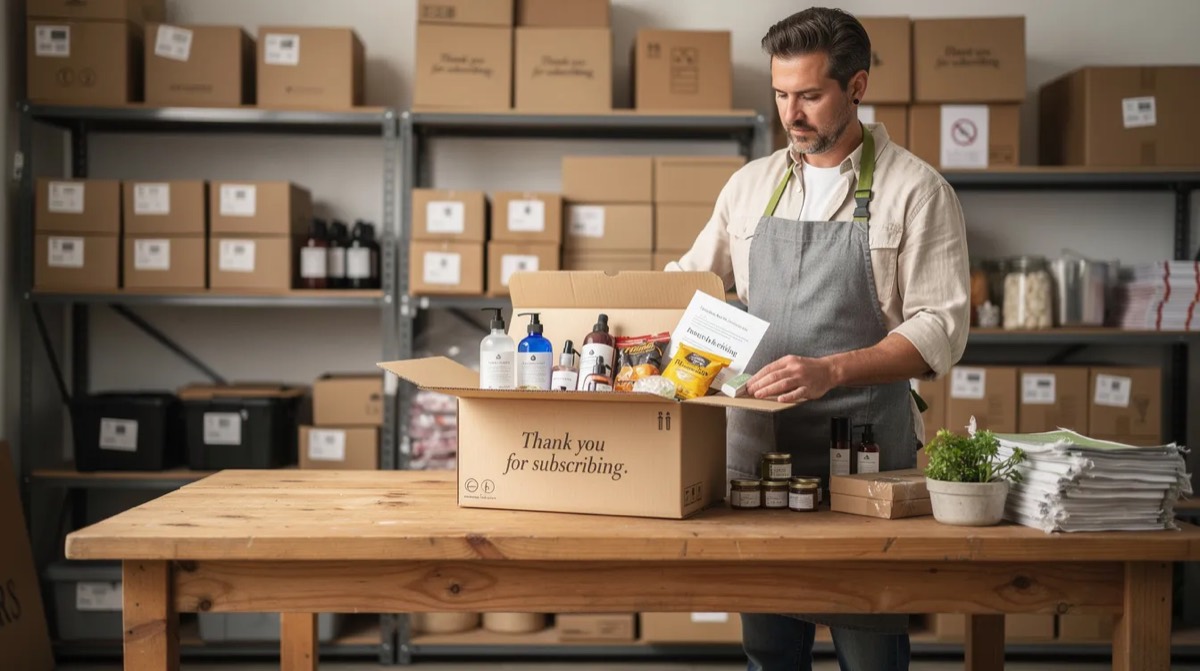 Employee packing a subscription box in a small warehouse