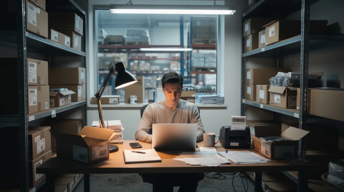 Person reviewing customer data at a laptop in a small warehouse office