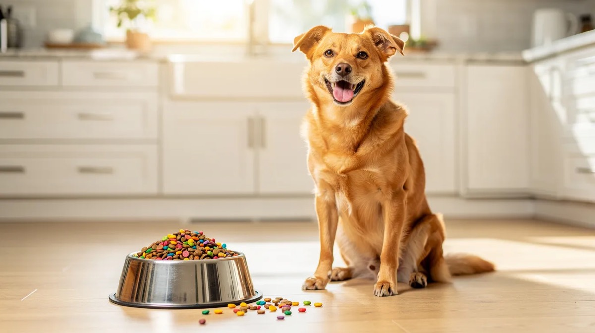 Dog next to a full food bowl