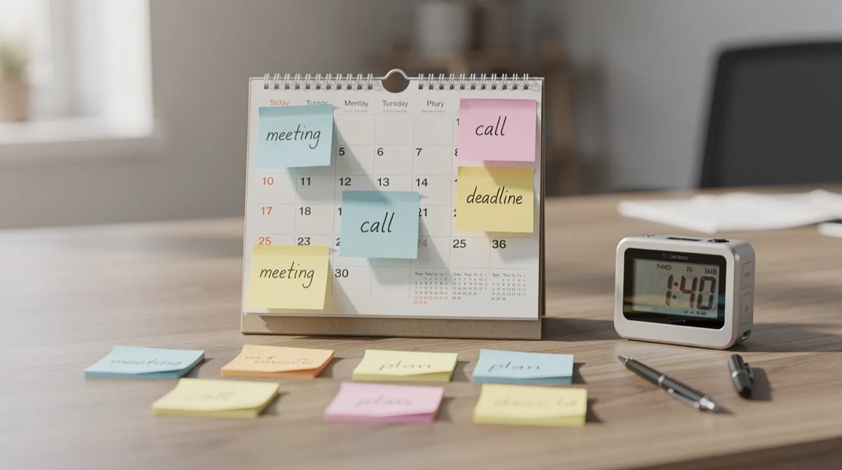 Calendar with sticky notes and a timer