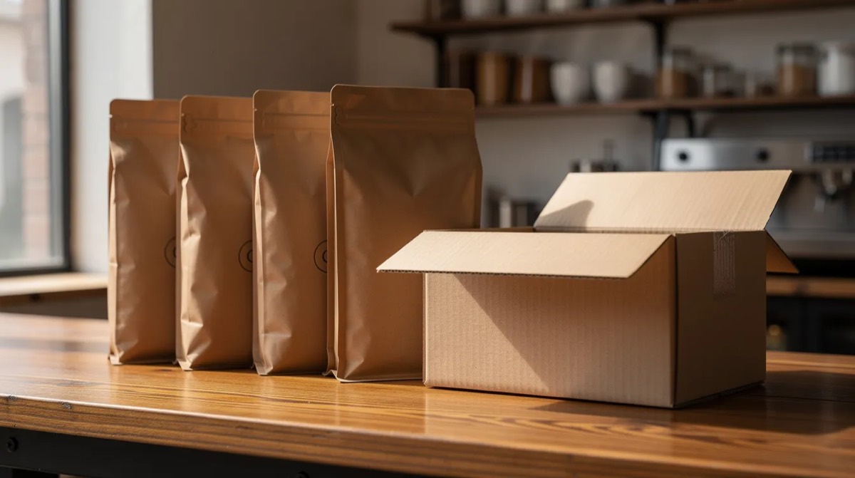 Coffee bags beside a shipping box
