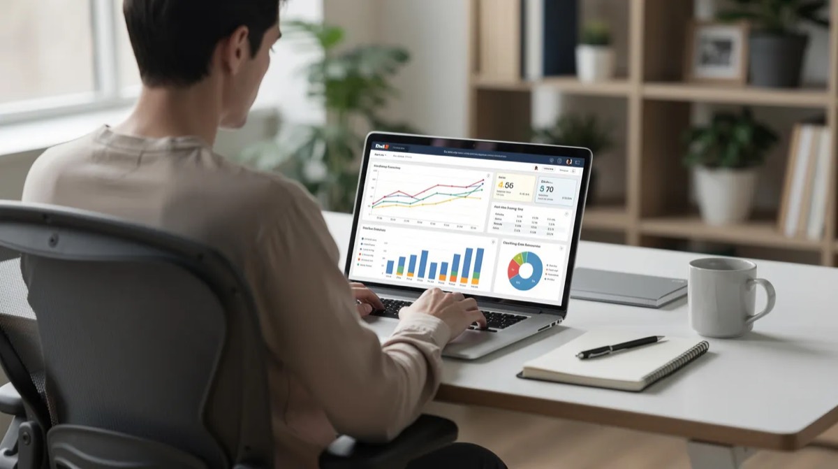 Person analysing charts on a laptop