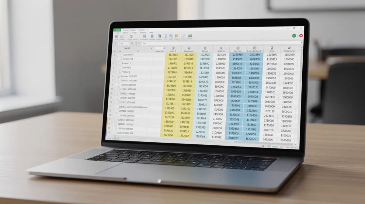 Spreadsheet of customer orders on a laptop