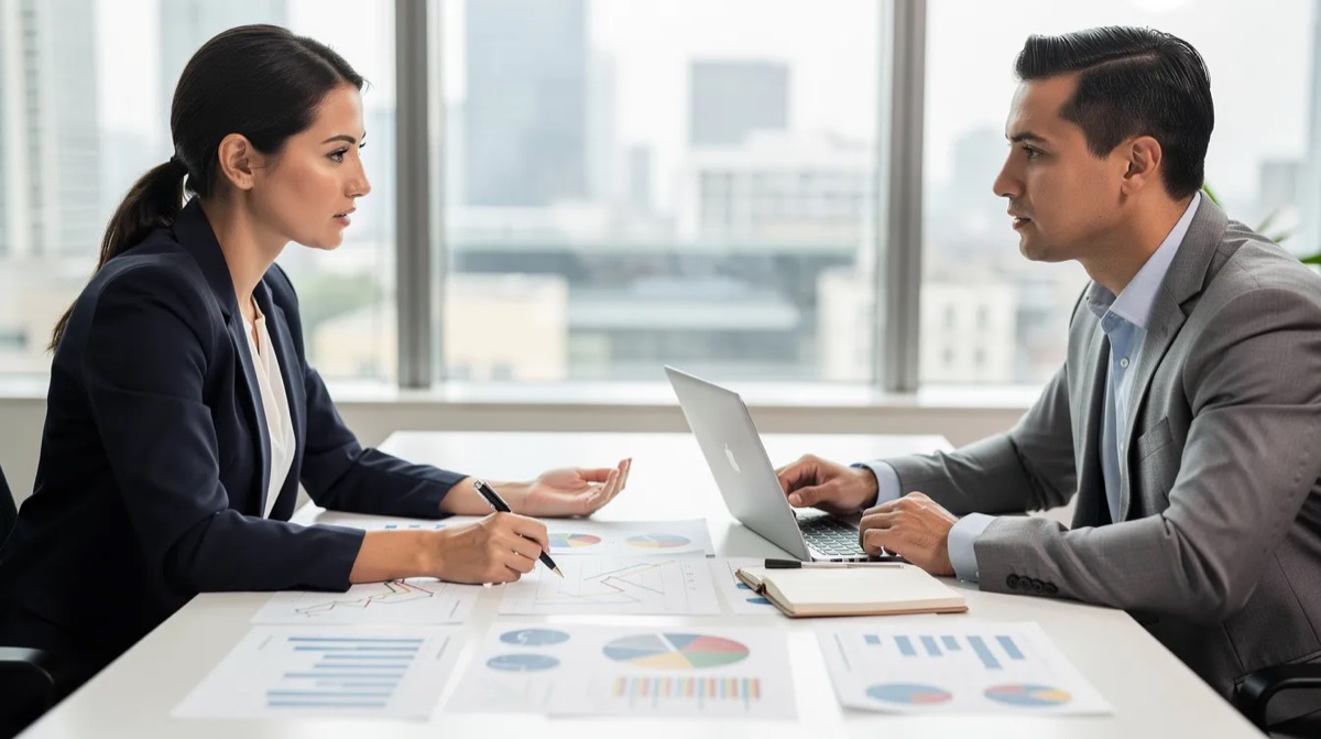 Two people reviewing charts in a meeting