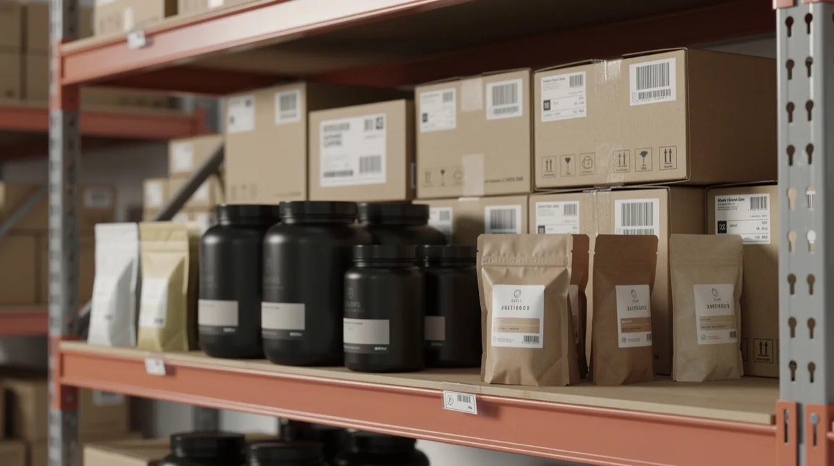 Warehouse shelf with coffee bags, supplement tubs and shipping boxes