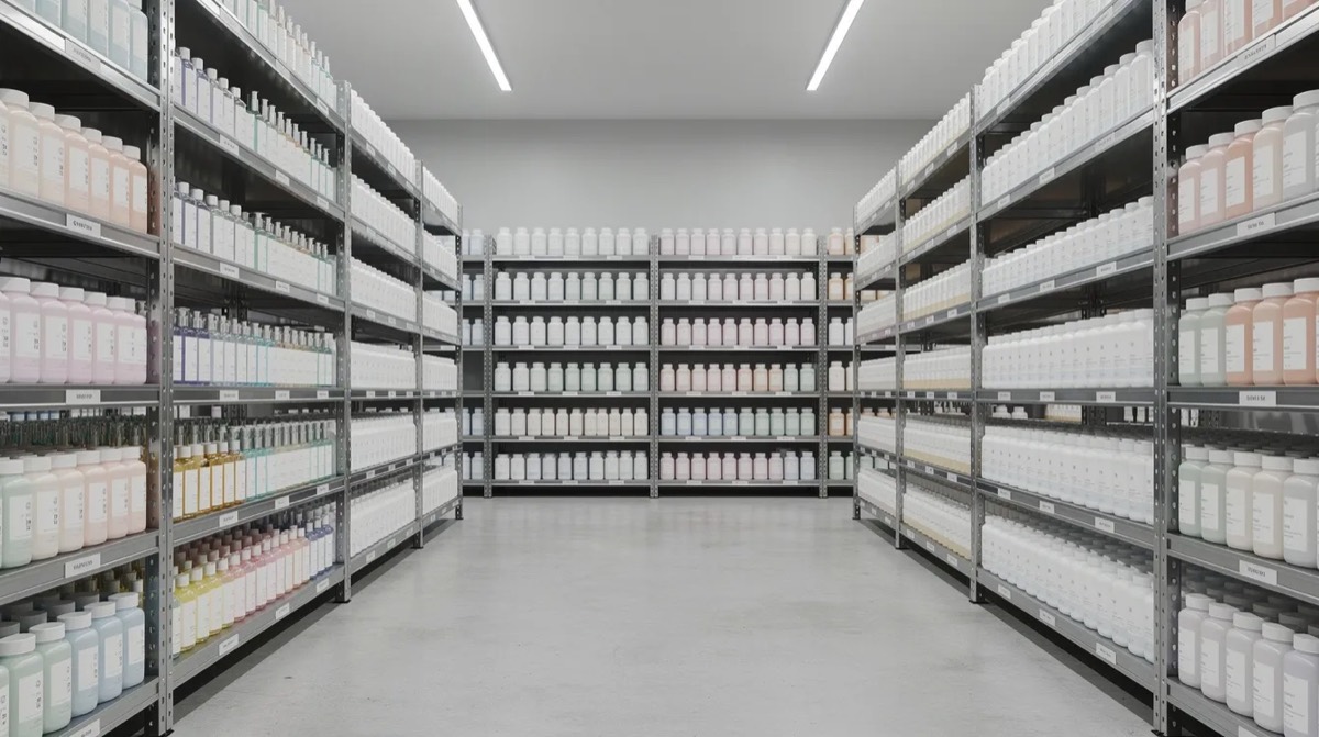 Rows of skincare and supplement bottles on warehouse shelves