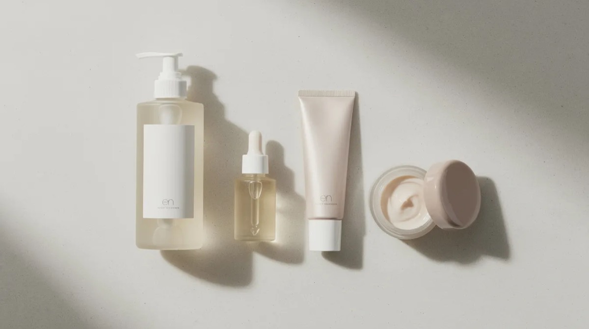 Four skincare products laid out on a light surface: a pump bottle of cleanser, a small dropper bottle of serum, a tube of sunscreen and an open jar of night cream