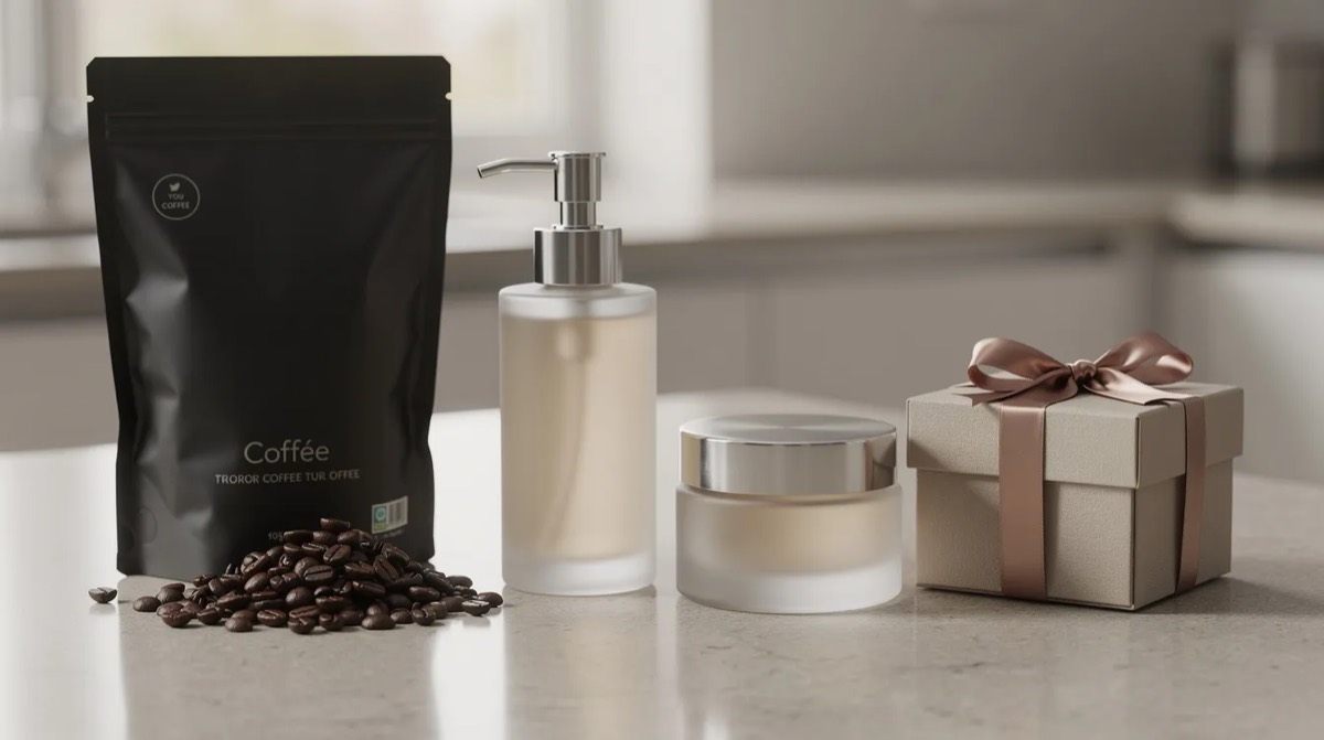 A coffee bag, a skincare bottle and jar, and a wrapped gift box on a kitchen counter