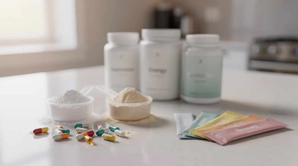 Supplement capsules, powder scoops and drink mix sticks on a kitchen counter