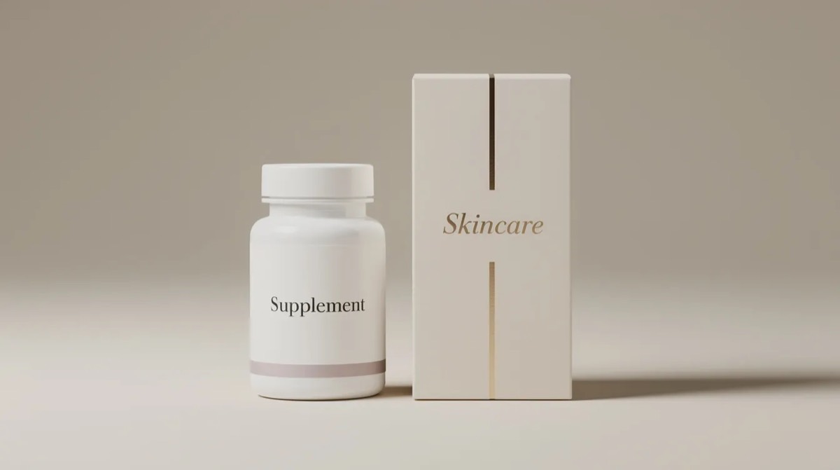A supplement bottle and a skincare box side by side