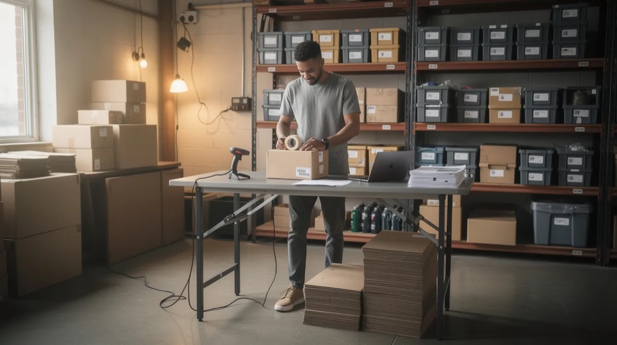 Person packing a customer order at a table in a small stockroom